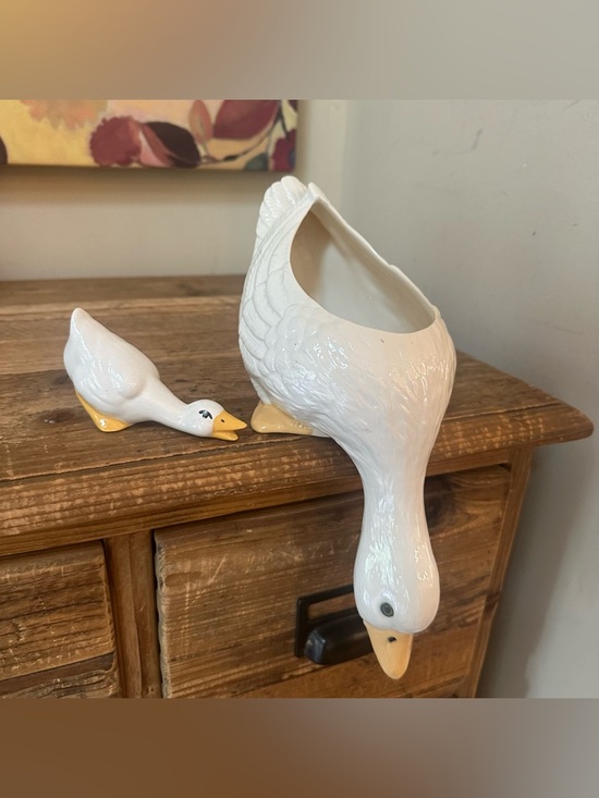 Other - Vintage White Ceramic Goose Planter & Mini Duck Figurine Set Farmhouse Decor